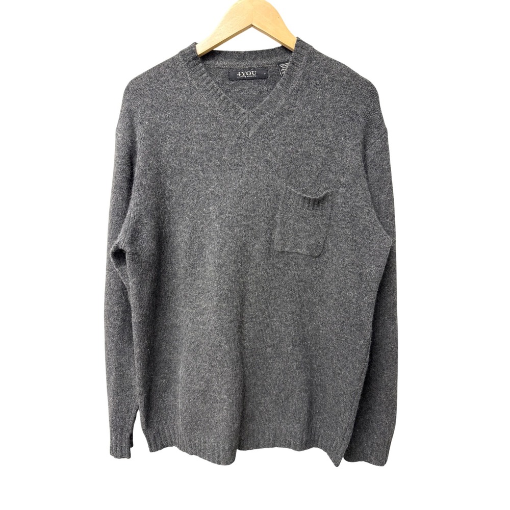 4YOU Lambswool Angora Sweater Mens L Gray V-Neck Pocket Knit Pullover Minimalist